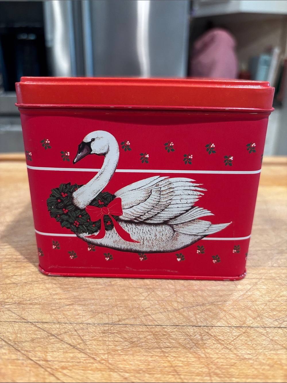 Vintage 1970’s Red Holiday Swan Decorative Tin with Wreath Motif -Keller Charles